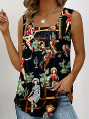  Western Tank Top Women's Cowboy Print Pleated Tank