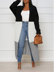  Colorblock Cable Long Sleeve Open Front Long Cardigan