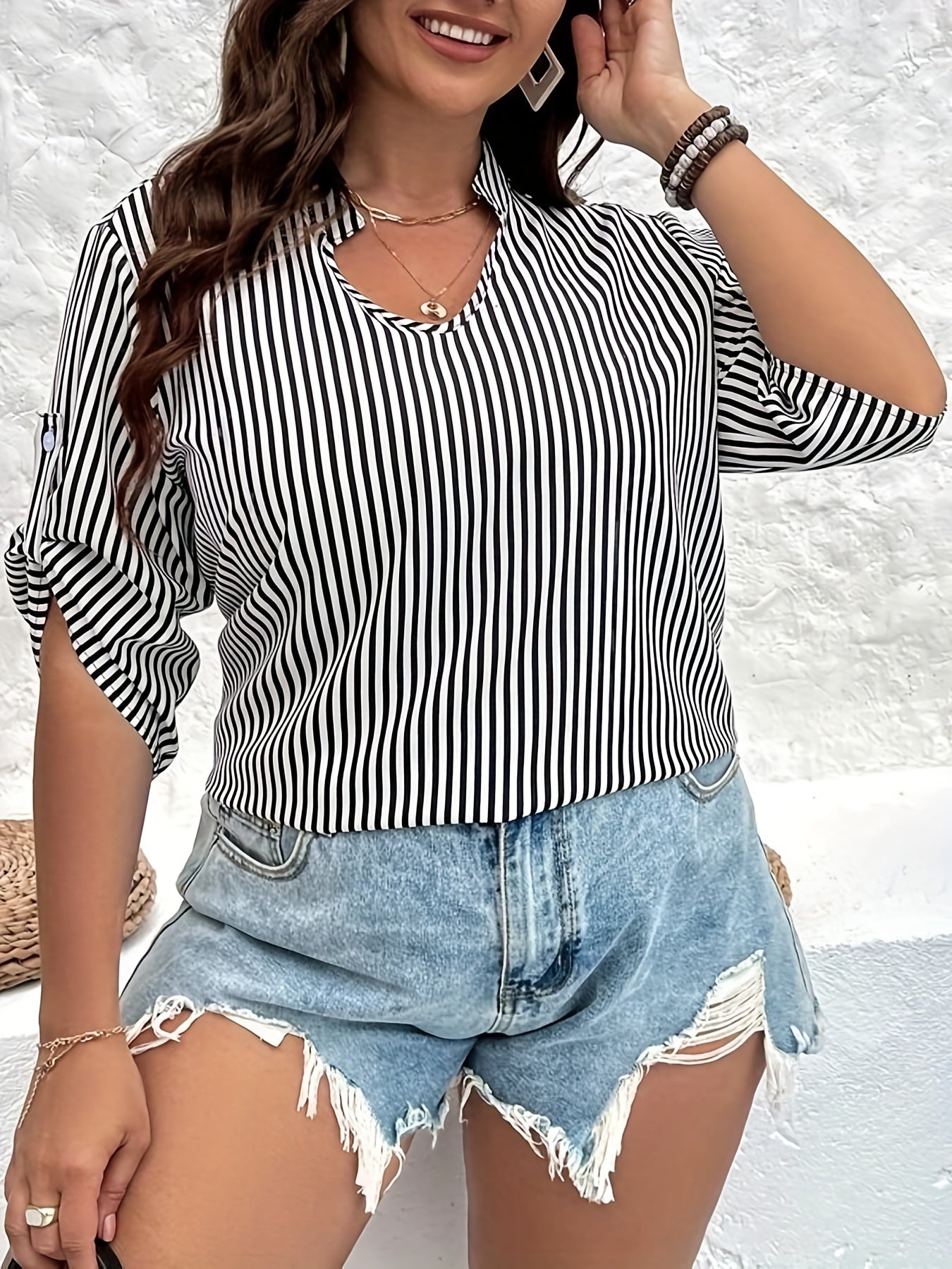  Striped Print Casual Blouse Women's Top