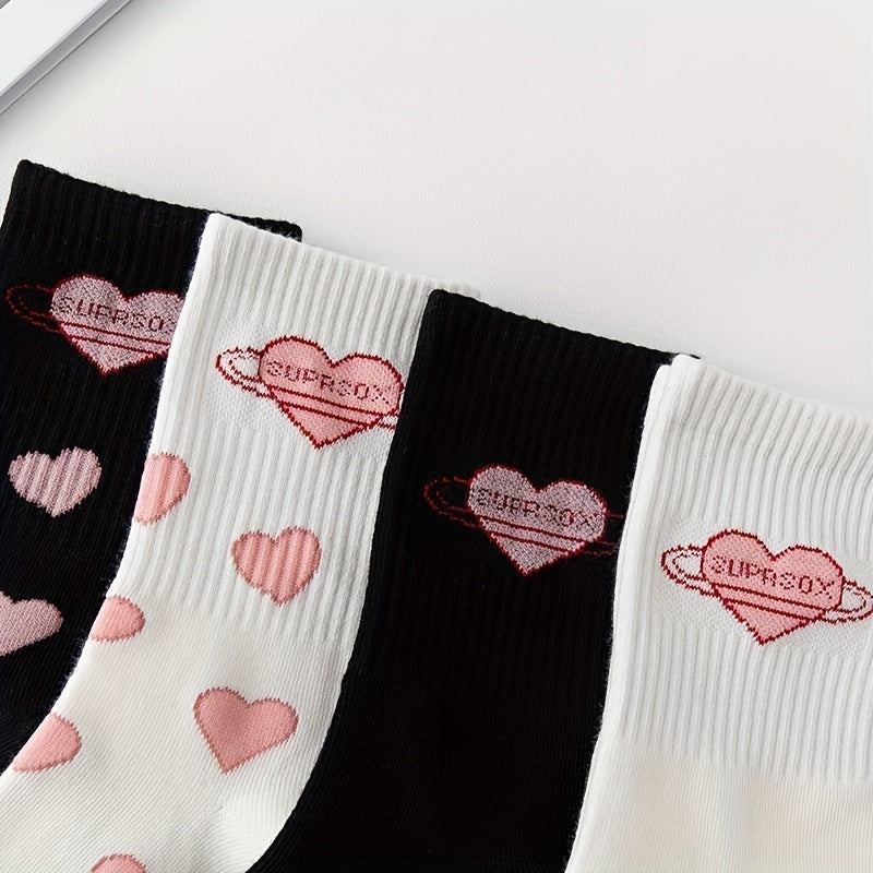 Heart Print Socks 4 Pairs Women's Stockings