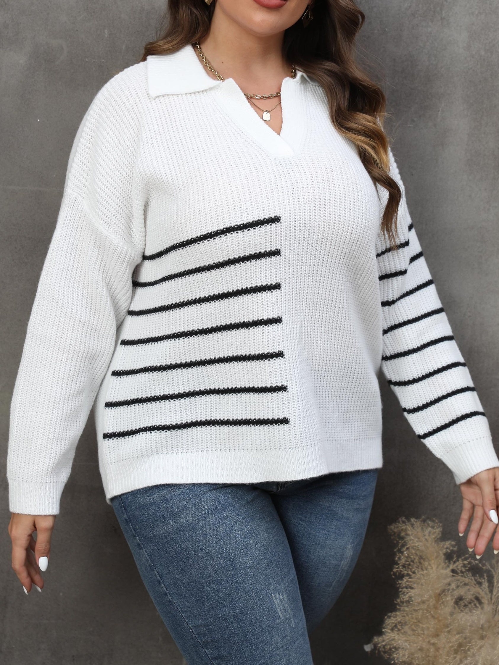  Striped Long Sleeve Polo Neck Casual Sweater