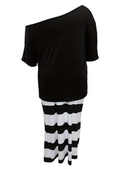 Women's Plus Dandelion Print Top & Stripe Print Maxi Skirt Set