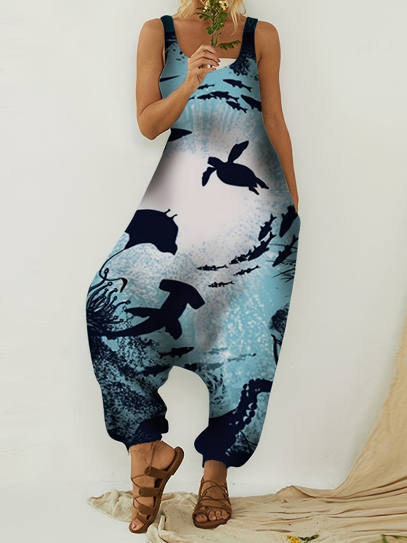  Ocean Fish Print Round Neck Wide Leg Jumpsuit