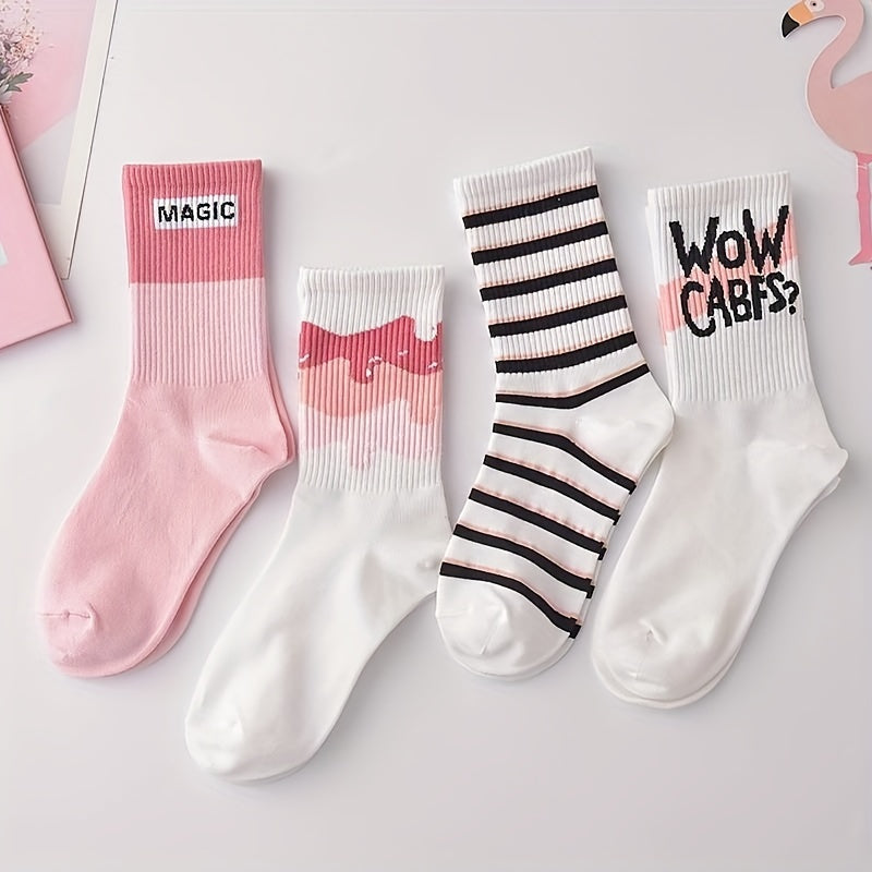 5 Pairs Letter Print Socks Comfy & Breathable Women's Stockings & Hosiery