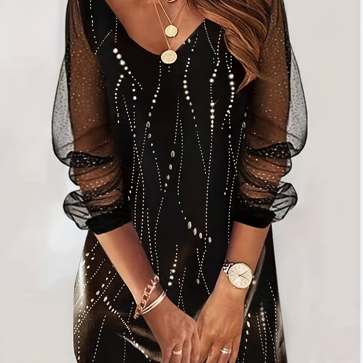  Dot Print Mesh Sleeve V-Neck Stretch Dress