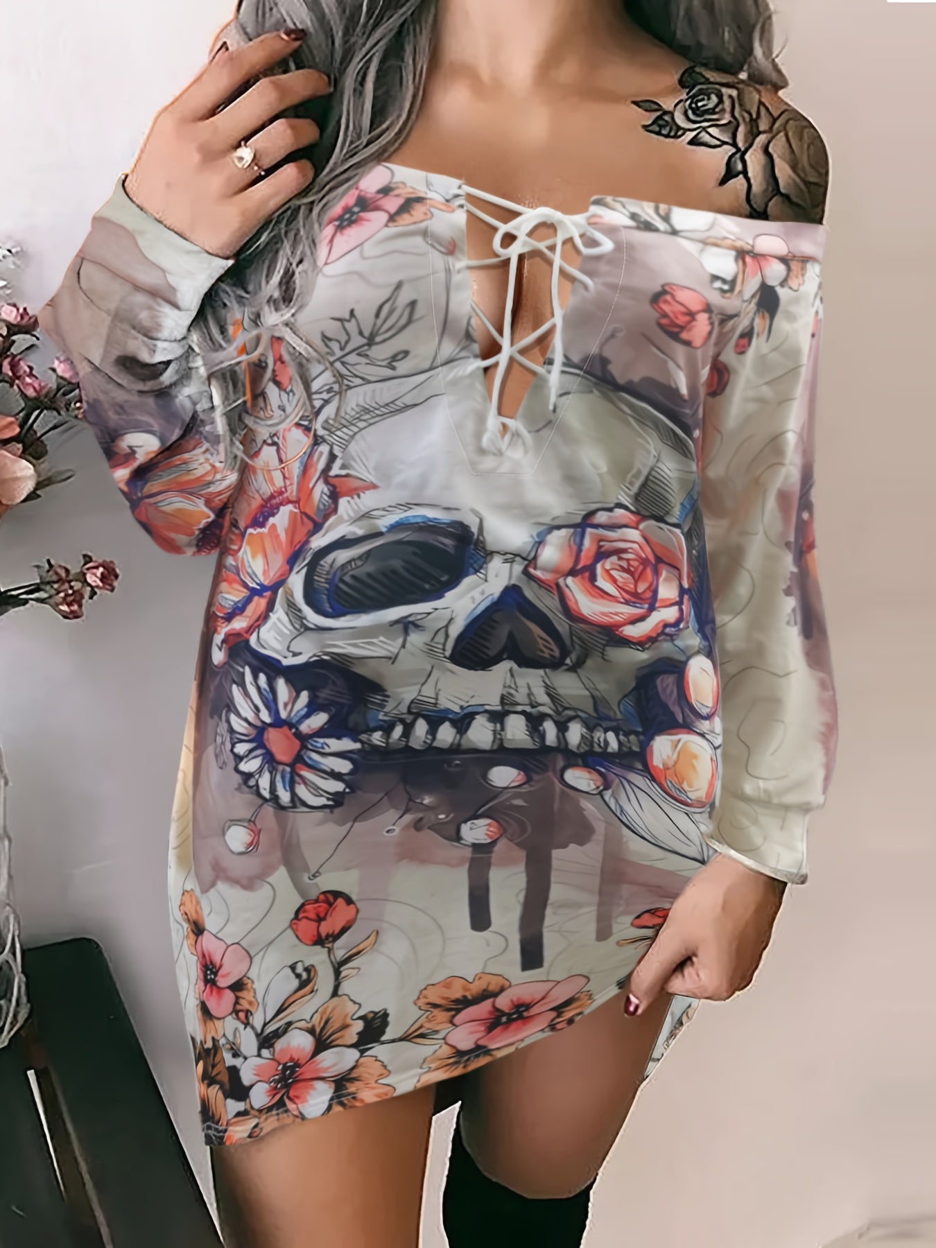  Floral Skull Print Lace Up Off Shoulder Long Sleeve Dress