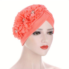 Flower Patch Ramadan Turban Cap Head Scarf Solid Chiffon Head Wrap