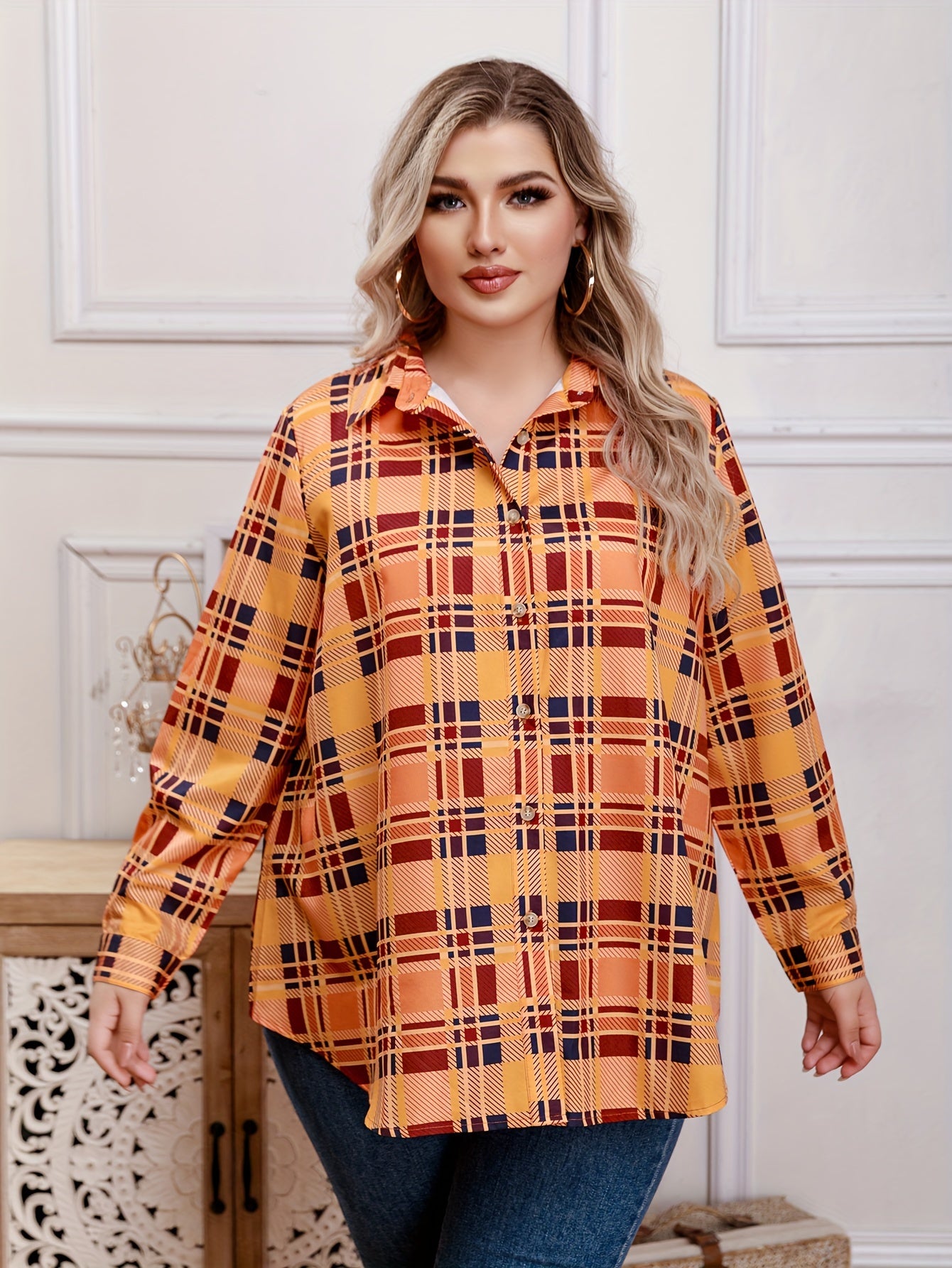  Plaid Print Button Up Long Sleeve Blouse