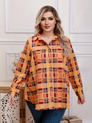  Plaid Print Button Up Long Sleeve Blouse