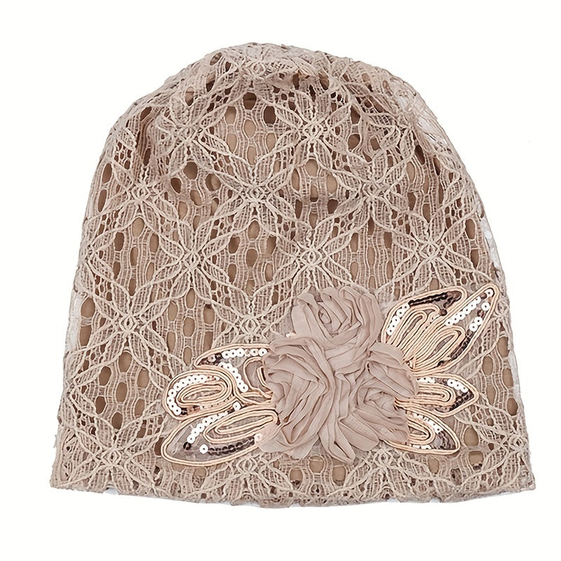 Flower Decor Lace Beanie Solid Turban Hat Lightweight Chemo Cap