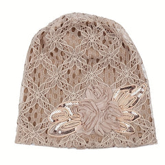Flower Decor Lace Beanie Solid Turban Hat Lightweight Chemo Cap