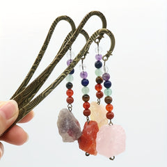 Vintage Metal Raw Gemstone Bookmark with 7 Chakra Crystals