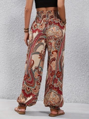 Paisley Print Shirred Waist Pants Boho Long Length Jogger Pants