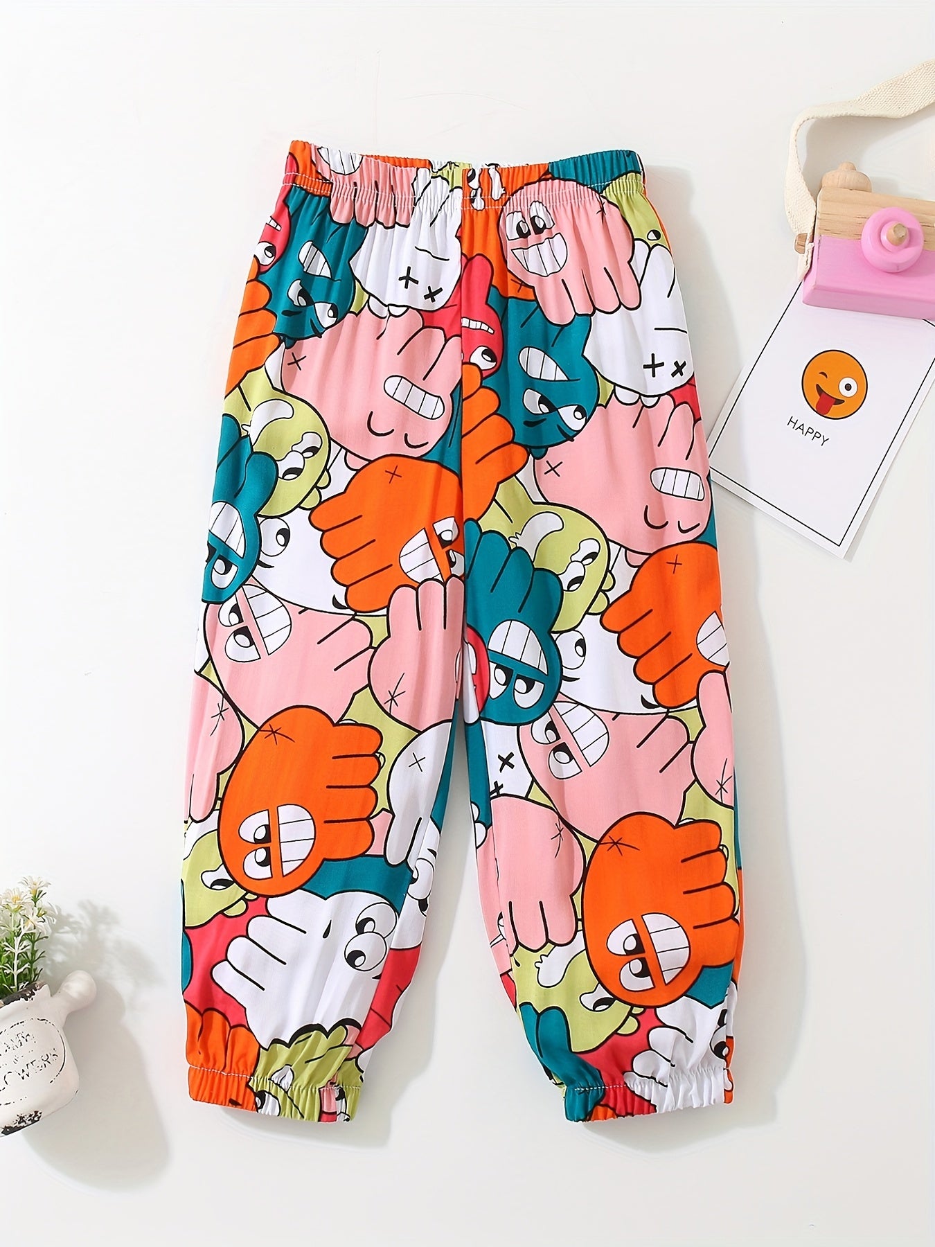 Girls' Cartoon Face Jogger Pants For Outfit