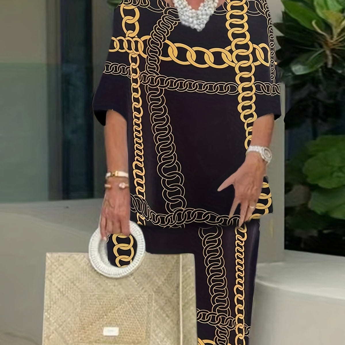 Women's Plus Chain Print Tee & Pant Two Piece Set