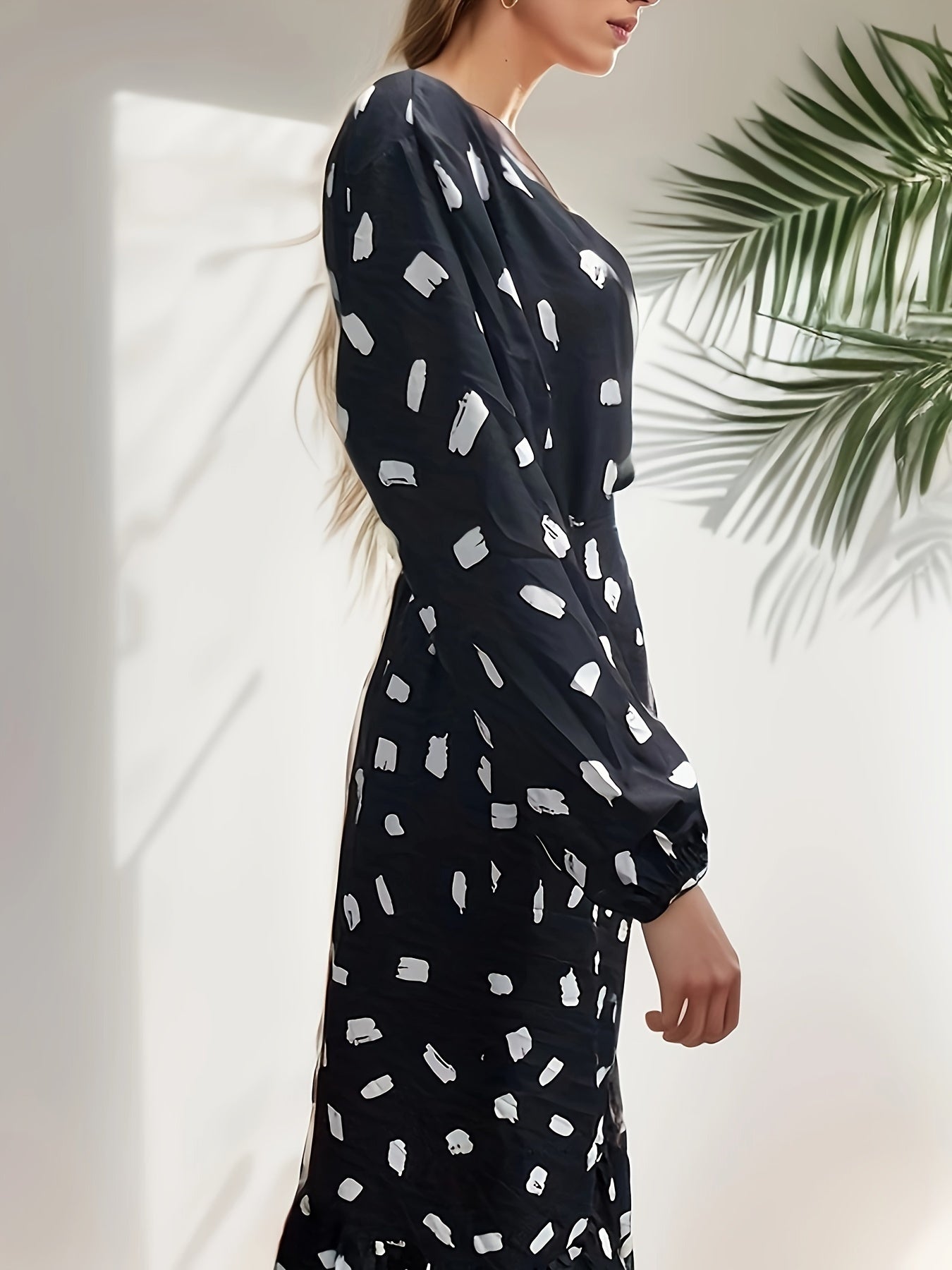  Lantern Sleeve Dot Print Wrap Dress