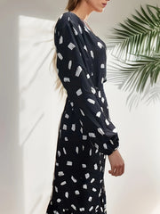  Lantern Sleeve Dot Print Wrap Dress