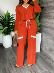  V Neck Tee & Drawstring Pants Two Piece Set