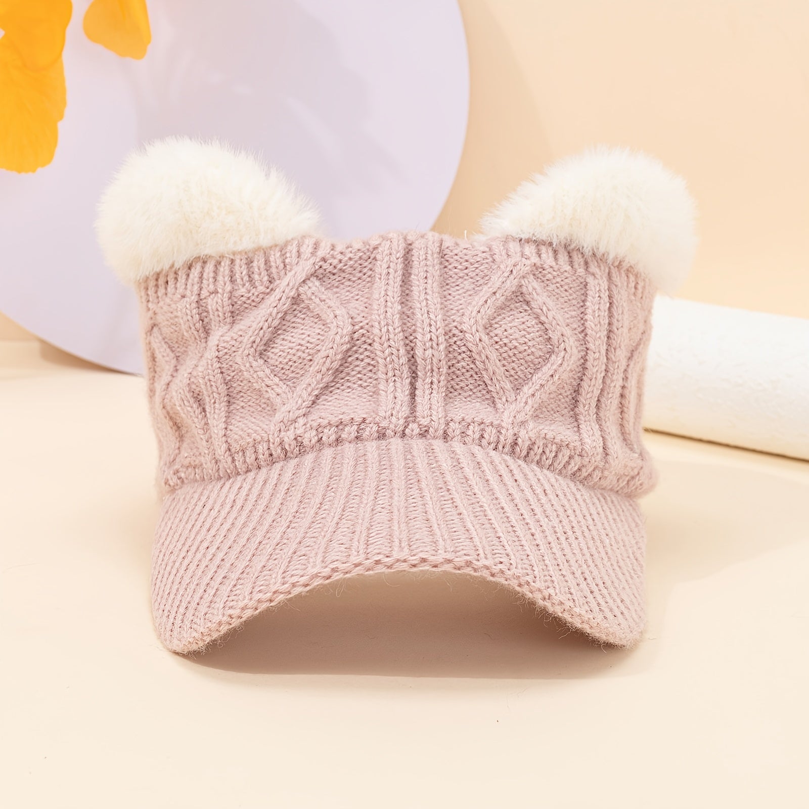 Plush Ears Baseball Cap Knit Hat Winter Gift For Her