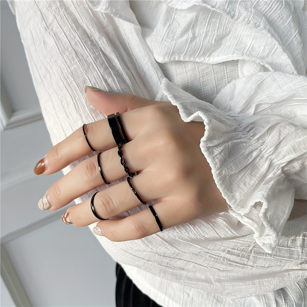 Dark Style Chain Shape Wide & Thin Ring Stackable Jewelry