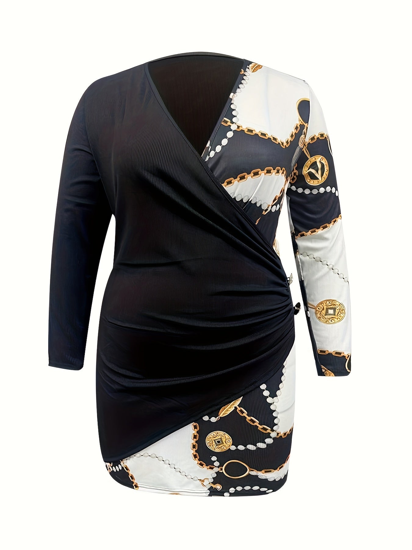  Colorblock Baroque Print Ruched Midi Dress