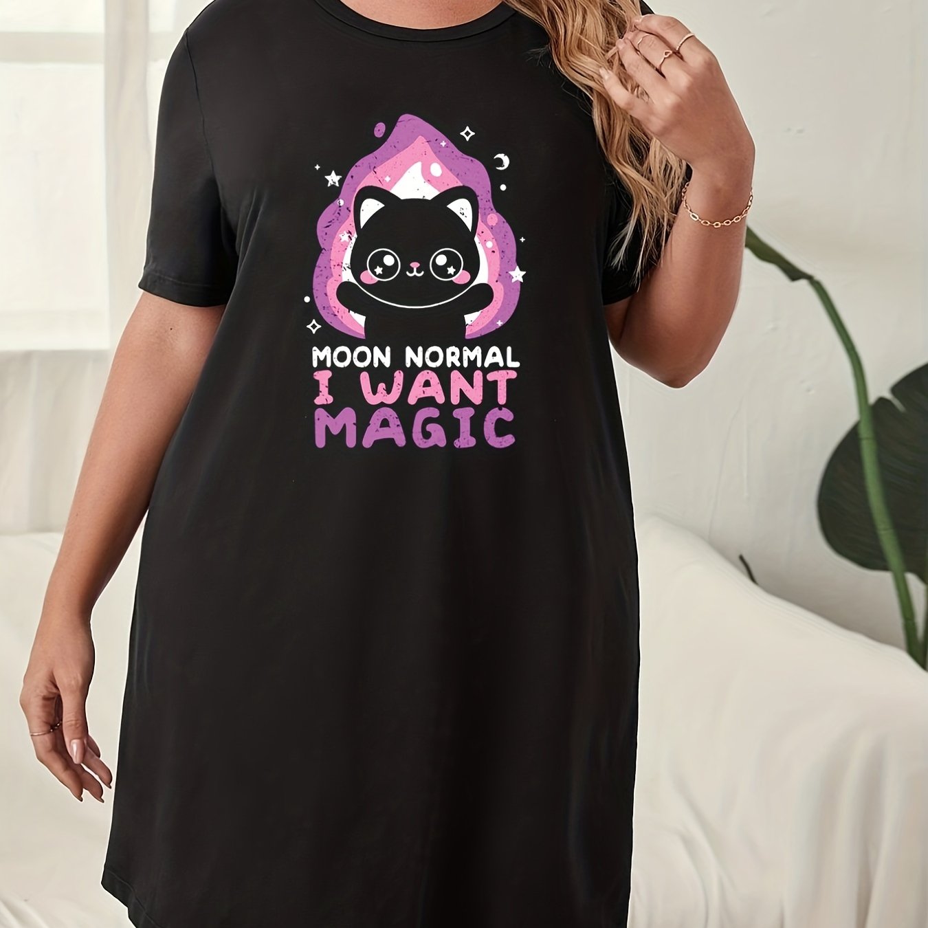  Casual Lounge Dress Women's Plus Cat & Slogan Print Short Sleeve