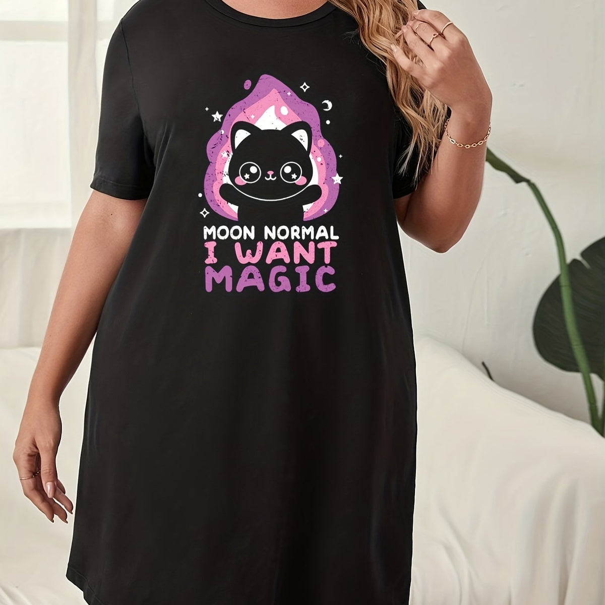  Casual Lounge Dress Women's Plus Cat & Slogan Print Short Sleeve
