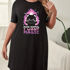  Casual Lounge Dress Women's Plus Cat & Slogan Print Short Sleeve