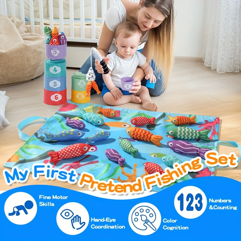 Kids Cloth Fishing Toys 2 Rods 18 Fish Cups Educational Set