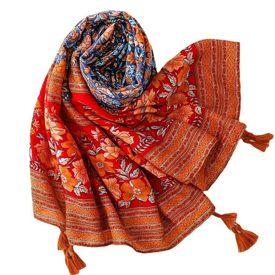 Boho Flower Print Tassel Scarf Red Block Shawl Hijab