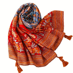 Boho Flower Print Tassel Scarf Red Block Shawl Hijab