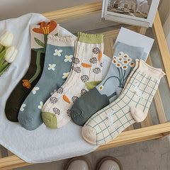 5 Pairs Floral Print Socks Comfy & Mid Tube Socks Women's Stockings