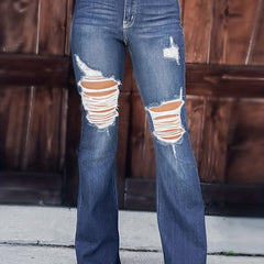 Washed Ripped High Rise Flared Leg Jeans