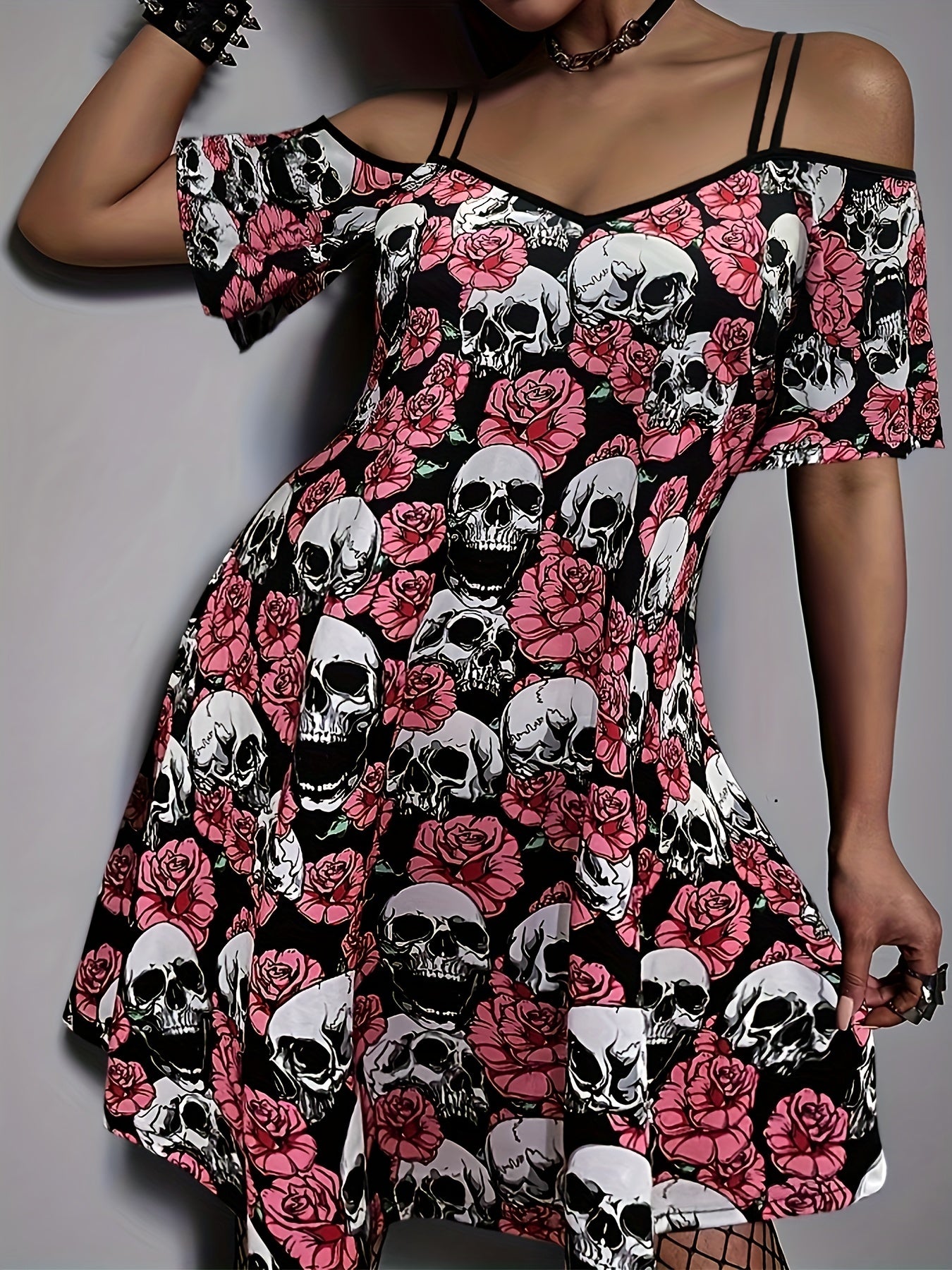  Halloween Cold Shoulder Dress Skull & Floral Print Medium Stretch