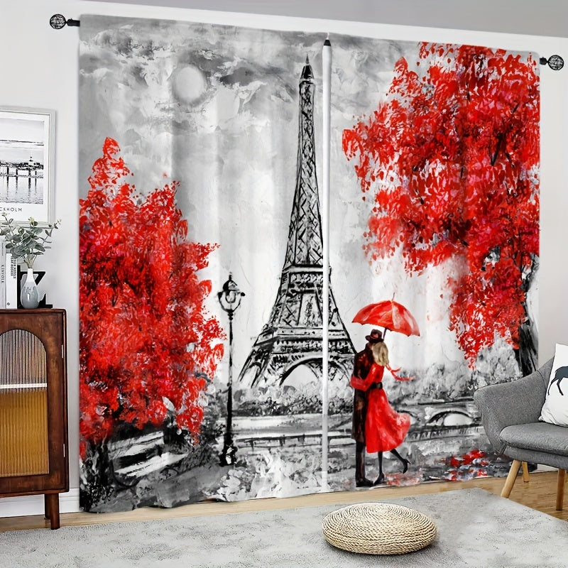 2pcs Eiffel Tower Curtains Rod Pocket Semi Blackout Window Curtains