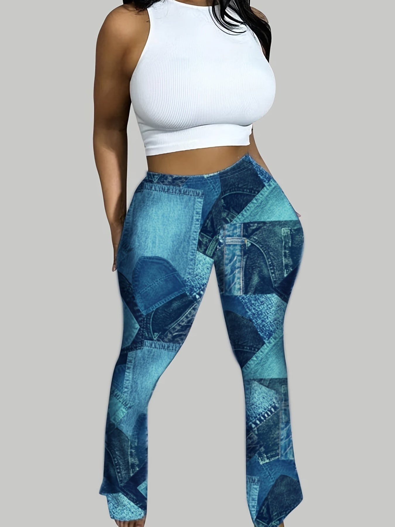  Denim Print High Rise Flared Leg Trousers