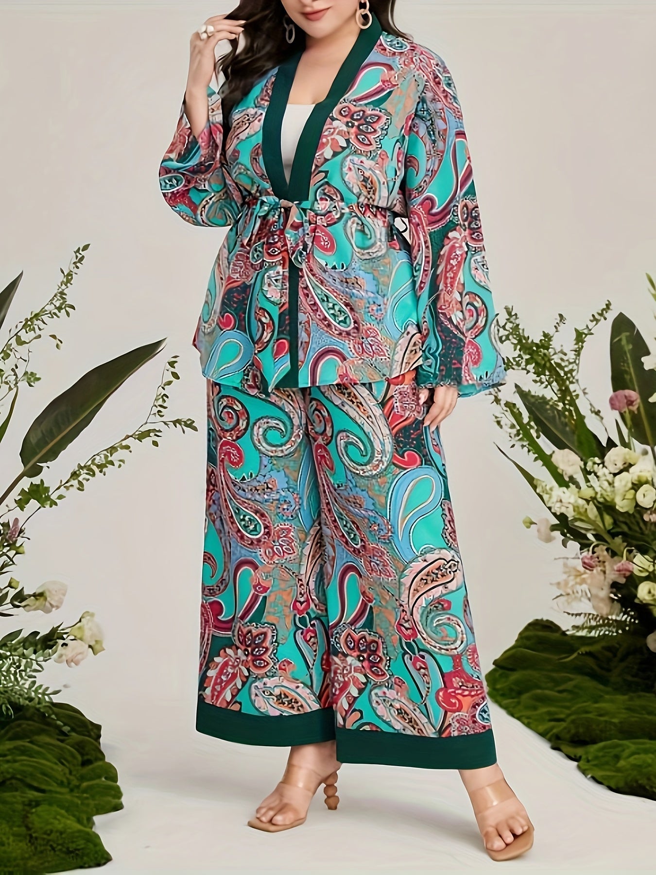 Women's Plus Paisley Print Long Sleeve Cardigan & Wide Leg Pants 2 Piece Set