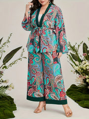 Women's Plus Paisley Print Long Sleeve Cardigan & Wide Leg Pants 2 Piece Set