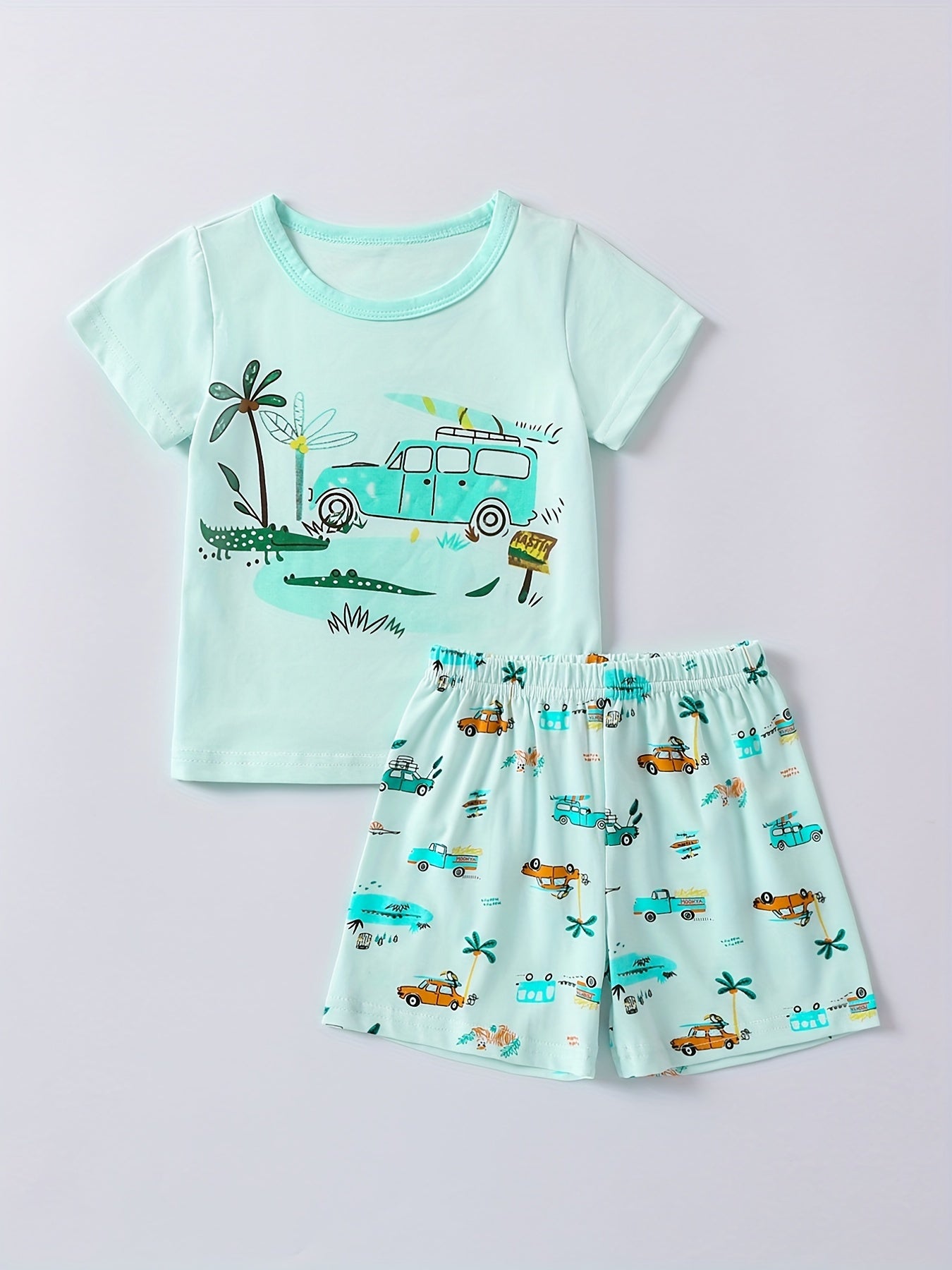 Kids Cartoon Vacation Outfit Set - Short Sleeve T-shirt & Casual Shorts
