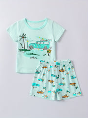 Kids Cartoon Vacation Outfit Set - Short Sleeve T-shirt & Casual Shorts