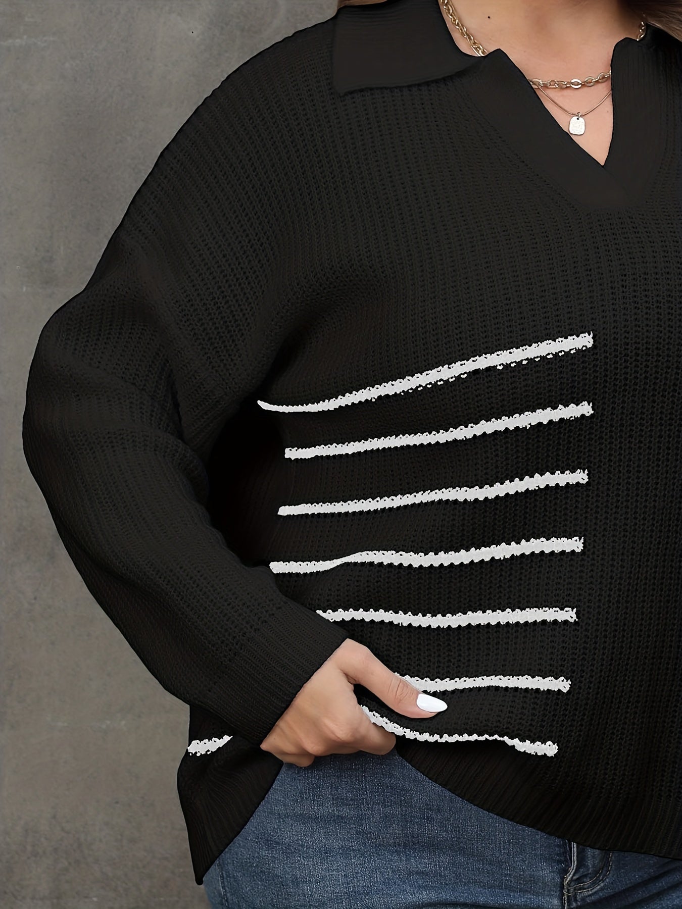  Striped Long Sleeve Polo Neck Casual Sweater