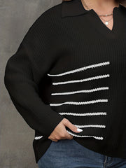  Striped Long Sleeve Polo Neck Casual Sweater