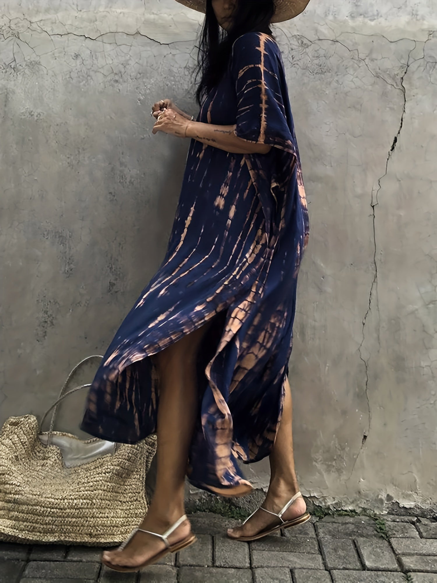  Tie Dye Striped Batwing Sleeve Beach Cover Up