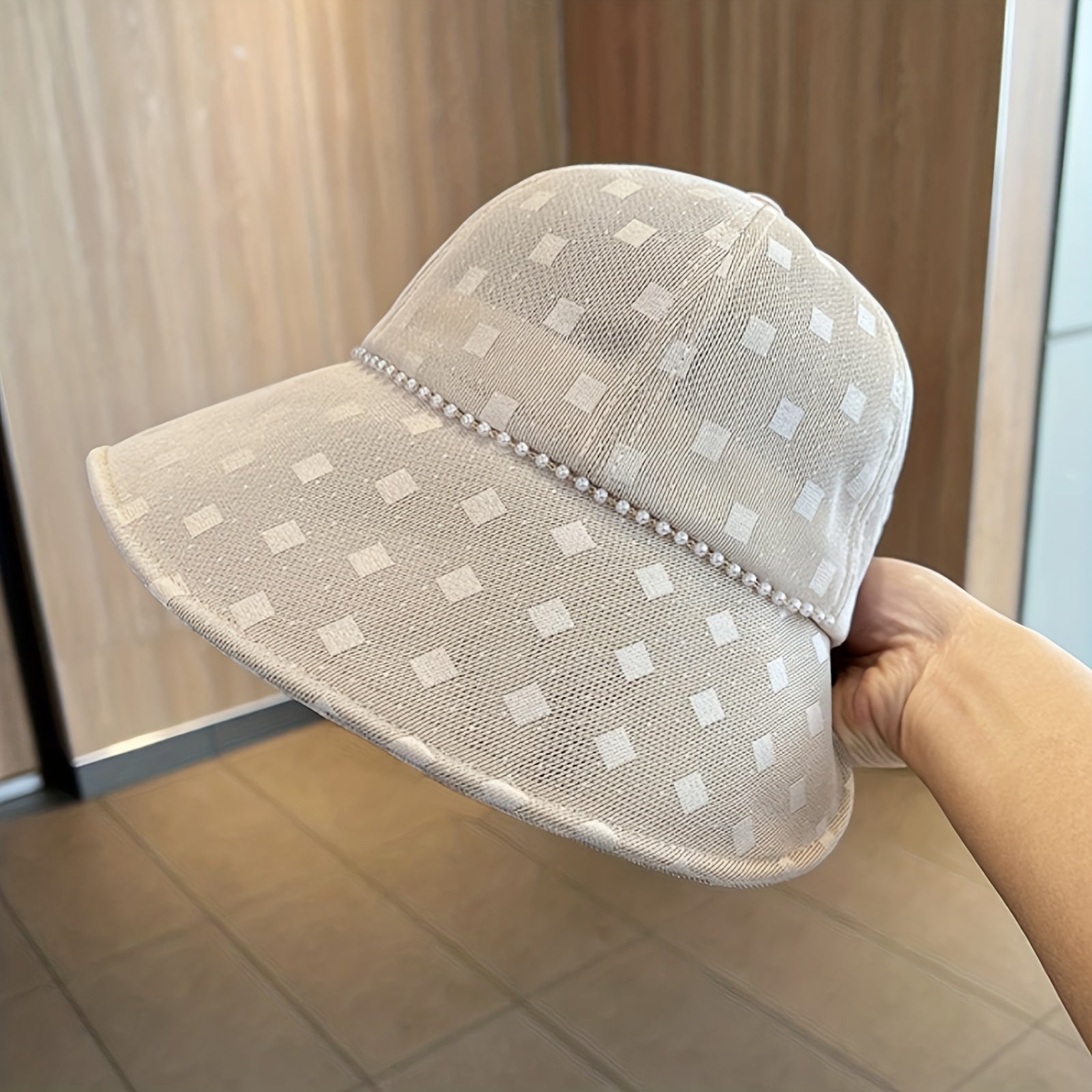 Plaid Mesh Sun Hat UV Protection Bucket Hat Faux Pearl Chain Decor