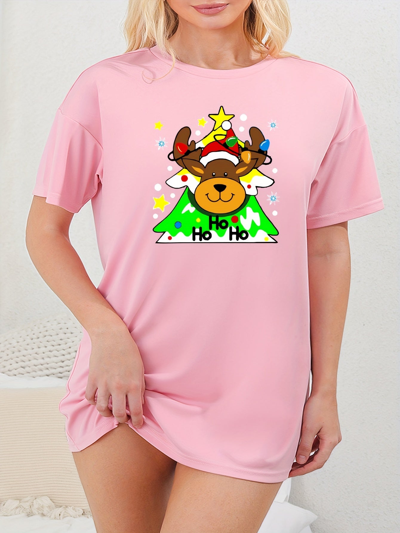  Christmas Lounge Dress Cartoon Deer Print Short Sleeve Nightdress