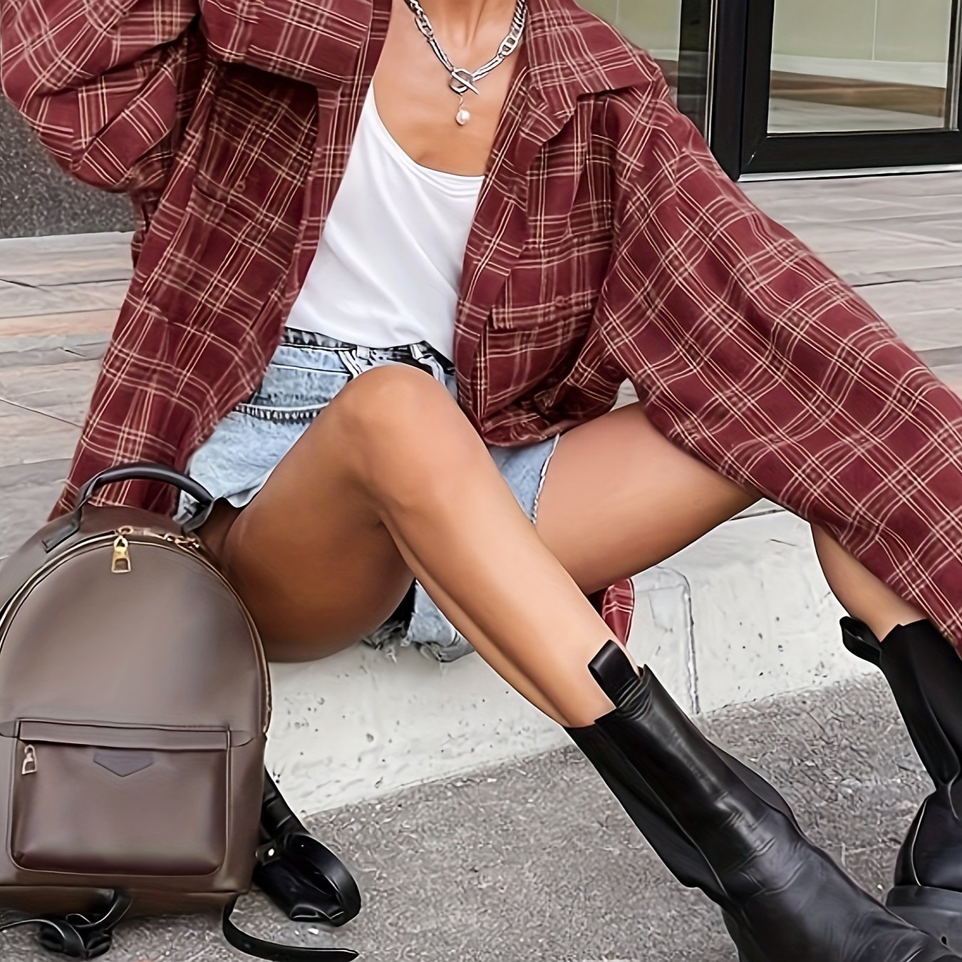  Plaid Print Button Up Long Sleeve Oversized Blouse