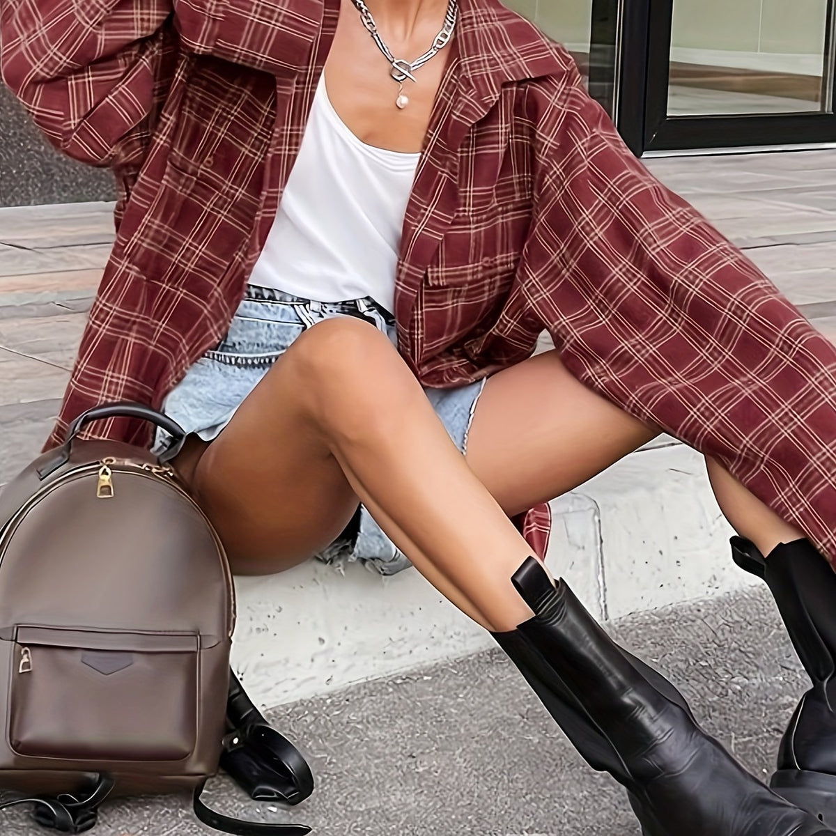  Plaid Print Button Up Long Sleeve Oversized Blouse