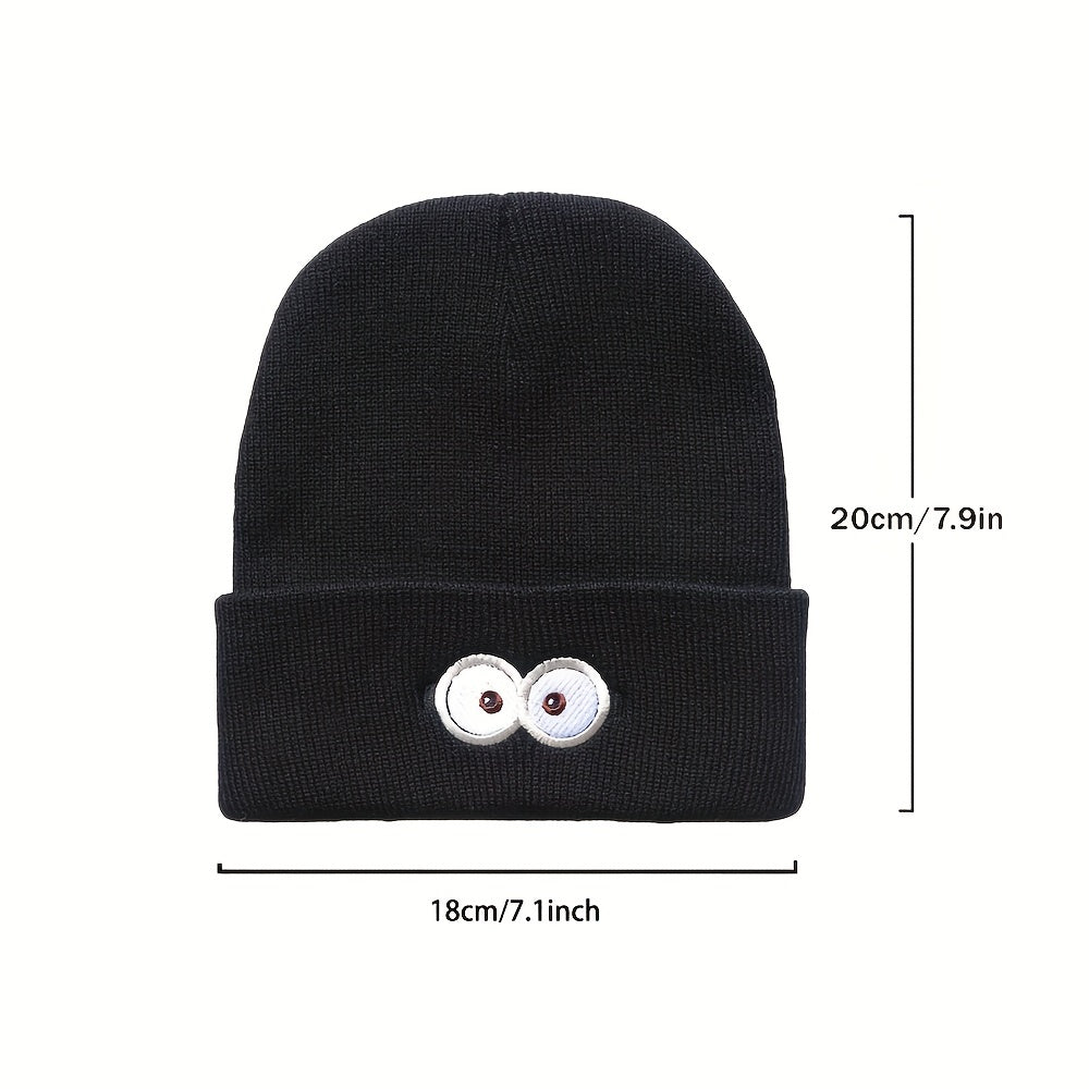 Cartoon Eye Embroidery Beanie Solid Anime Knitted Hat Unisex Lightweight Warm