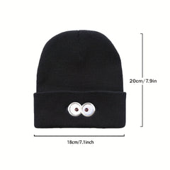 Cartoon Eye Embroidery Beanie Solid Anime Knitted Hat Unisex Lightweight Warm