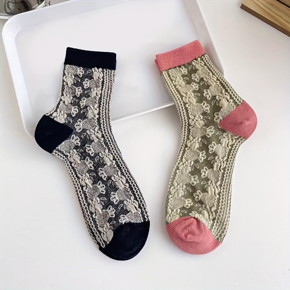 5 Pairs Floral Print Socks Retro Style Colorblock Stockings